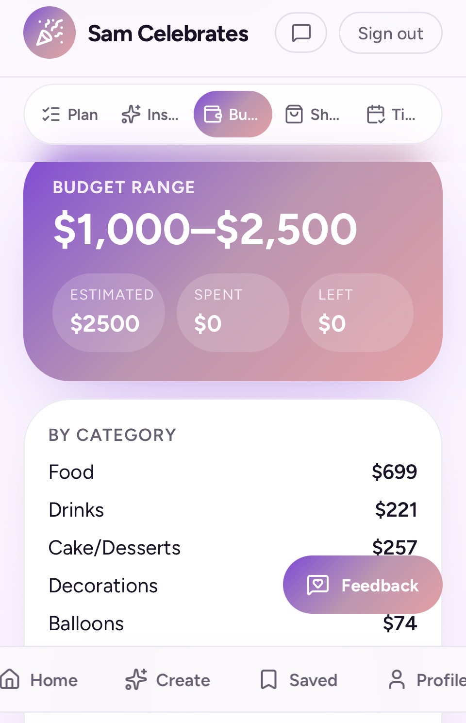 Budget Planning screenshot from CelebrateAI