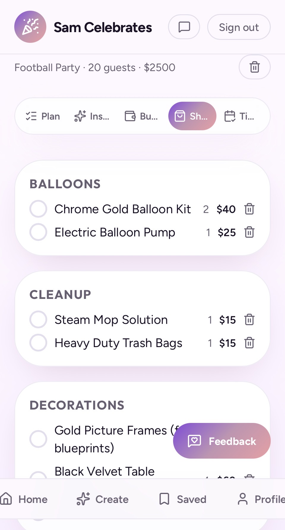Shopping list screenshot from CelebrateAI