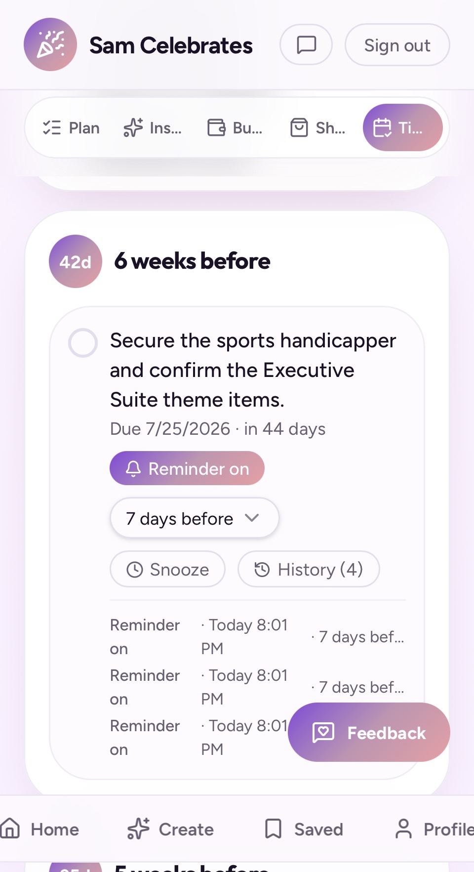Timeline Planning screenshot from CelebrateAI